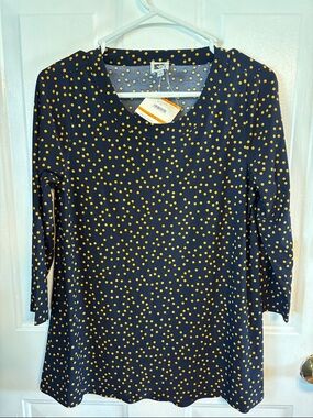 Anne Klein Navy Blue Long-Sleeve Top with Yellow Polka Dots